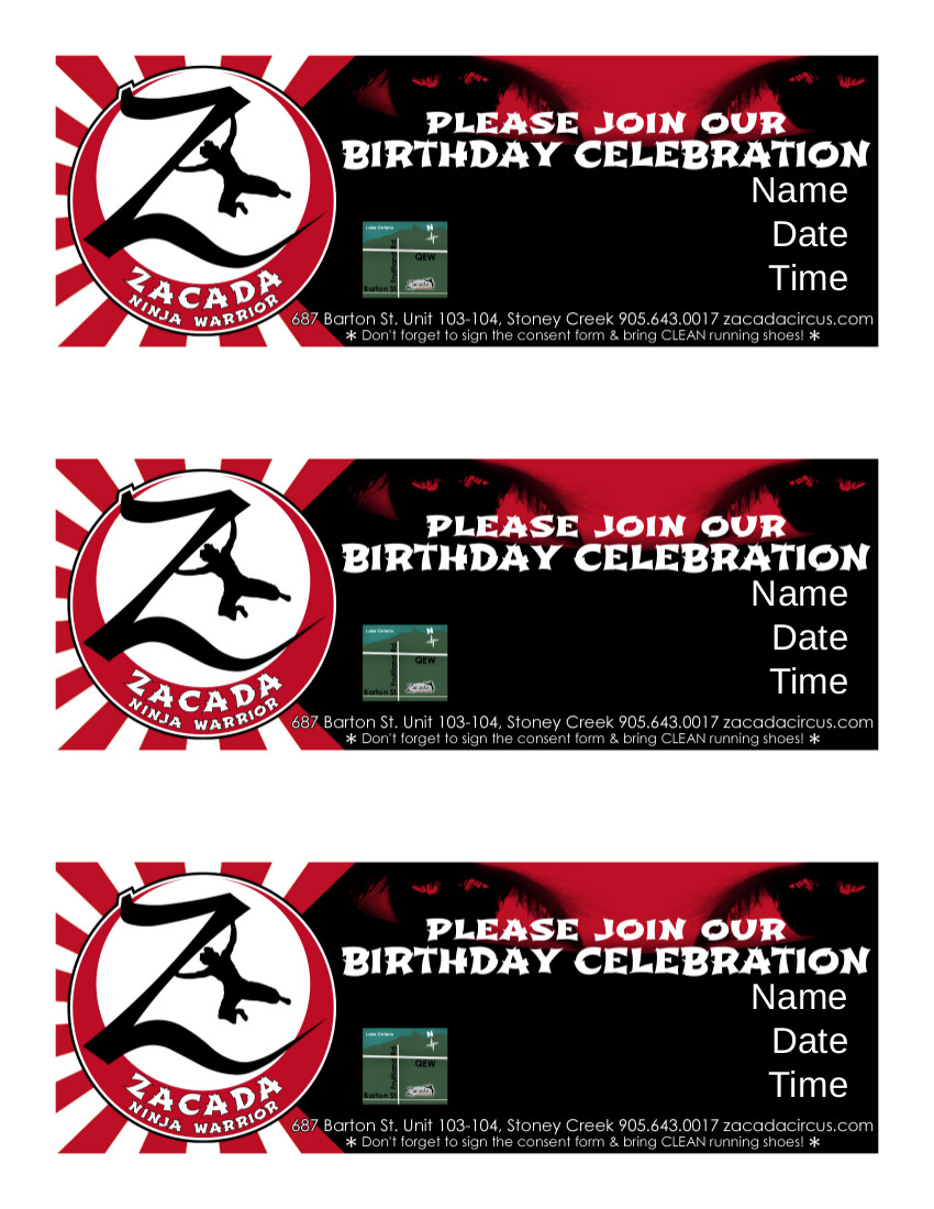 Zacada Ninja Warrior party invitation